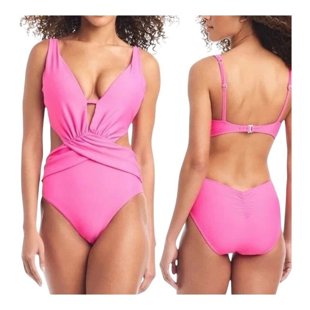 Bar III Women's Draped Monokini Swimsuit Size Small Pink Push-Up Cups Adjustable - Picture 2 of 8